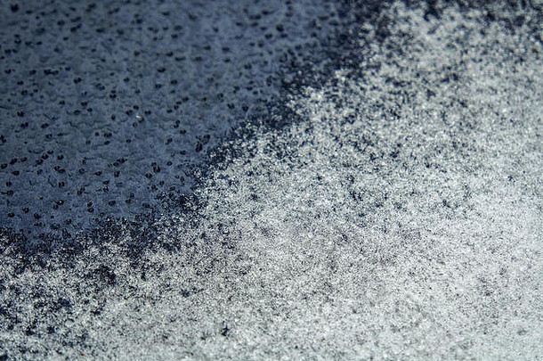 冰雪背景：车窗特写/覆盖有纹理水/冰珠的车身。冬季天气和驾驶危险的示例。