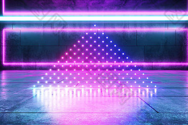 未来科幻霓虹灯混凝土Grunge走廊大厅画廊工作室充满活力的形状框架光激光器空白空间发光紫<strong>蓝色</strong>瓷砖