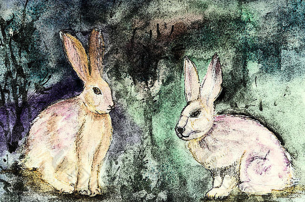蓝绿色背景上的末日兔子。由于pape表面粗糙度的改变，轻拍技术提供了软聚焦效果