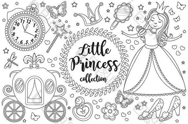 可爱的公主灰姑娘集着色书页面孩子们集合设计元素草图大纲风格孩子们婴儿剪辑艺术有趣的微笑