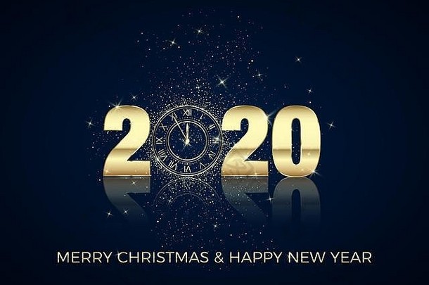 新年快乐贺卡。2020年，金钟不再是零。假日午夜倒计时。圣诞装饰元素的旗帜或邀请。