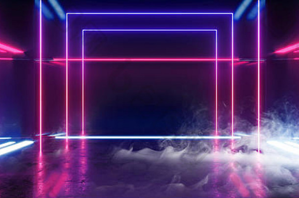 烟烟建设大厅难看的东西光滑的混凝土未来主义的科幻空黑暗反光现代阶段房间<strong>蓝色</strong>的紫色的发光的霓虹灯光