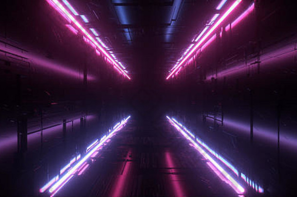 霓虹灯发光科幻未来主义灯光充满活力的紫蓝色线条荧光现代虚拟现实隧道走廊暗室大厅外星人空间