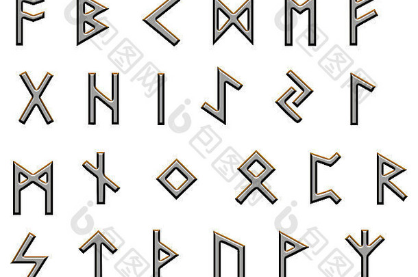 一组符文，白色的古老日耳曼futhark，表面看起来像金属，间隔很短，很容易被切割和隔离。