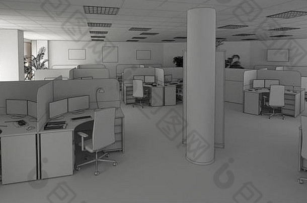 办公室、室内可视化、3D插图