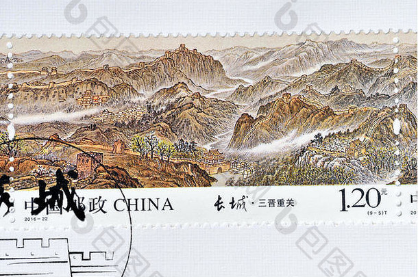 中国——大约2016年：<strong>中国印</strong>制的一枚邮票展示了2016-22年长城遗产邮票。大约2016年。