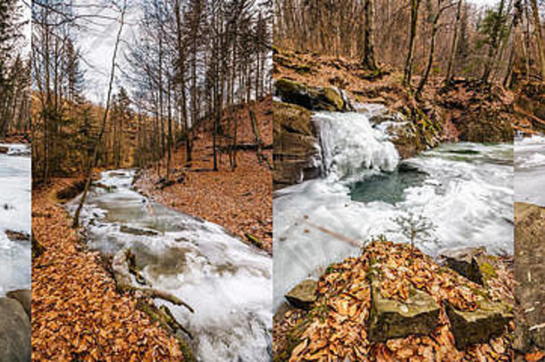 一组图片，在山林中的河流上有冰冻的瀑布