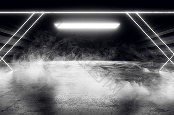 科幻门入口舞台烟雾未来主义霓虹激光宇宙飞船未来黑暗走廊发光白色混凝土垃圾走廊现实荧光空间联合国
