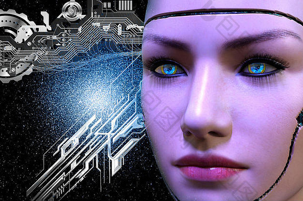 呈现女机器人脸黑暗背景电子电路