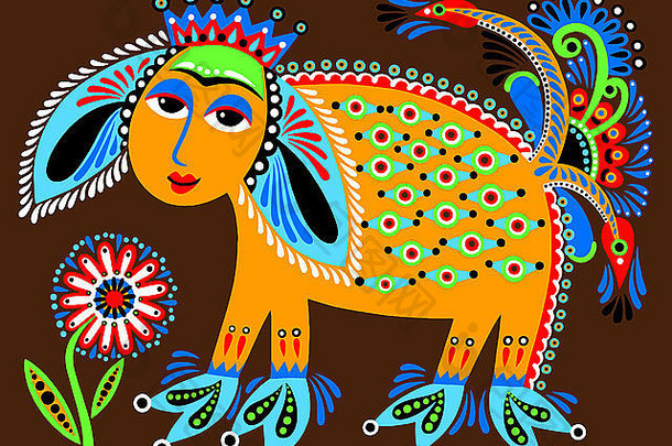 乌克兰部落民族绘画，不同寻常的动物，民间插画