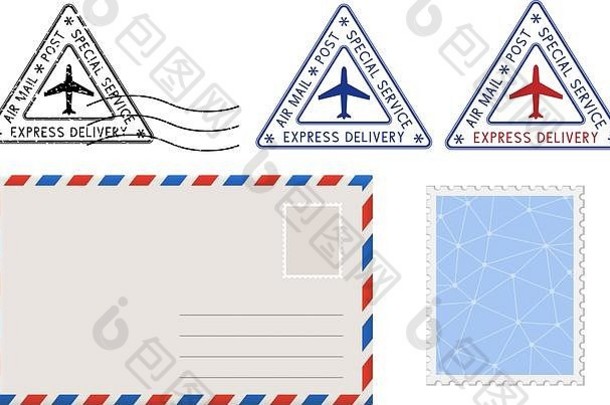 信封、邮票和三角邮戳。邮包