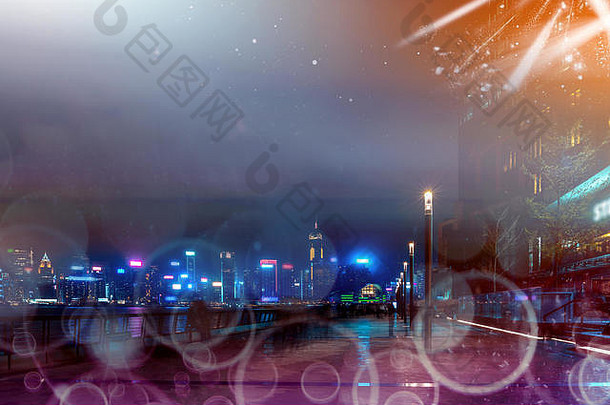摘要色彩斑斓的散景城市晚上背景双曝光