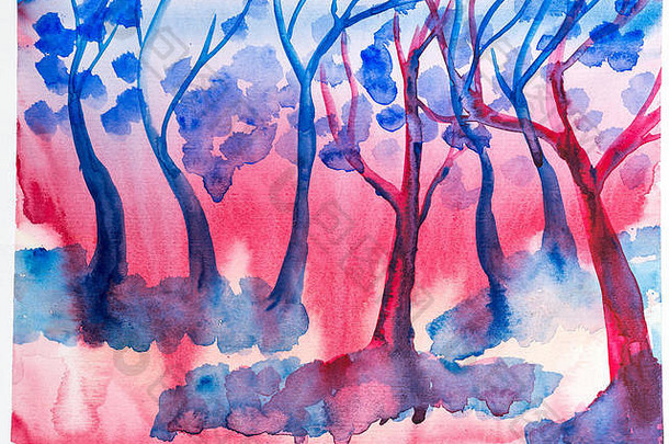 用水彩画抽象风景。在湿纸上画画。以拉普里马的风格。森林是红蓝色调的。