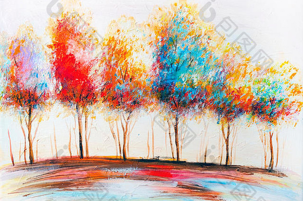 油画丙烯画风景，五彩缤纷的黄红色树木。手绘印象派户外风景画。