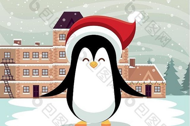 圣诞雪景与可爱的企鹅