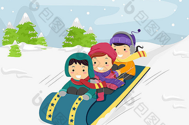 儿童乘坐雪撬的插图