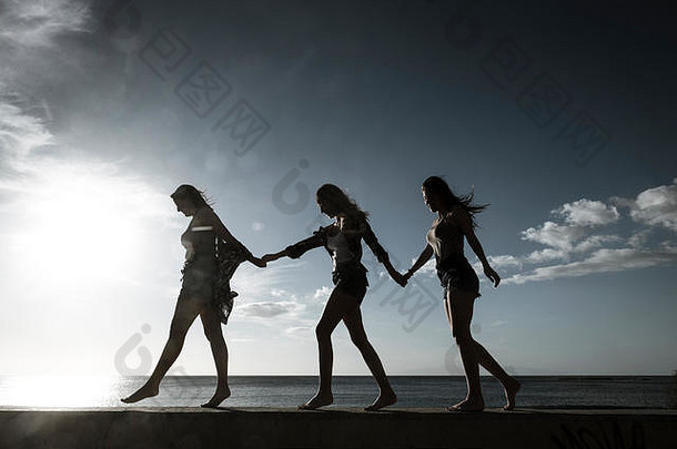 团队合作概念朋友人集团美丽的女孩走平衡墙蓝色的海洋日落背景