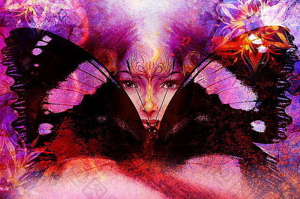 美丽的绘画女神妇女与鸟凤凰在您的脸上装饰曼荼罗和蝴蝶翅膀和颜色抽象b