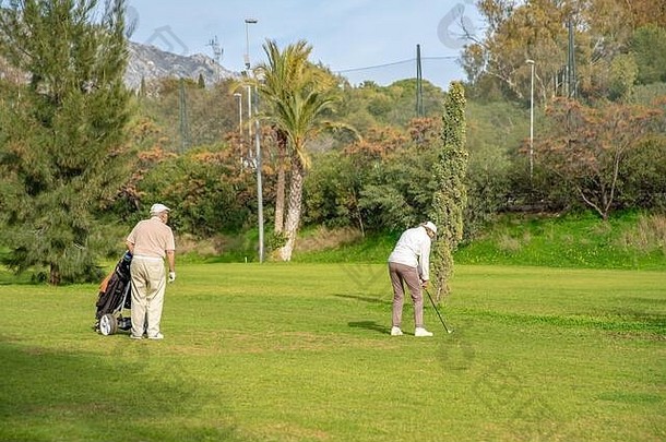 在果岭上打高尔夫球的老年夫妇