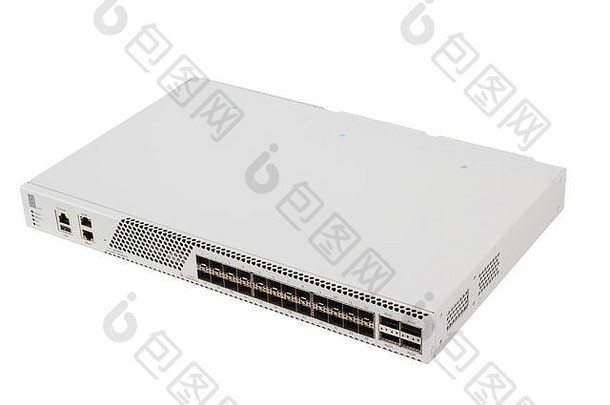 光纤千兆以太网机，带SFP模块插槽和UTP 5类连接器RJ-45，白色背景隔离