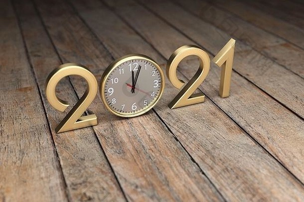 新年2021创意设计理念与时钟-三维渲染图像