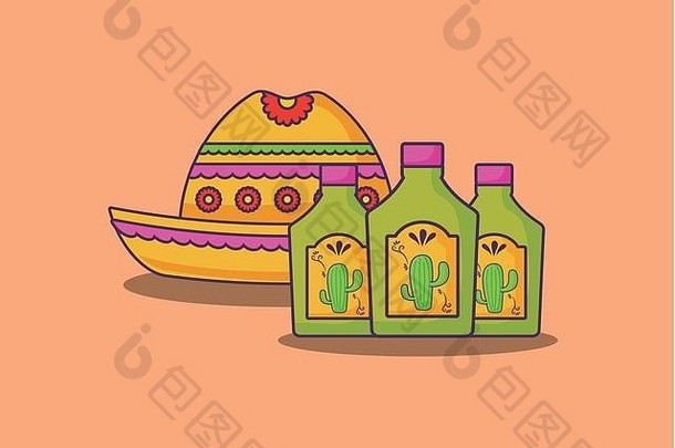 墨西哥他龙舌兰酒瓶橙色背景色彩斑斓的设计