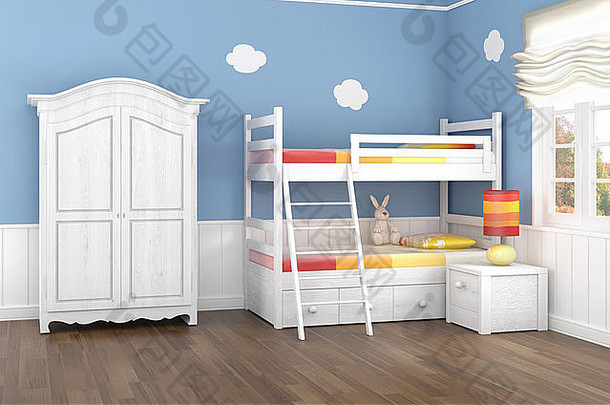 蓝色墙壁的儿童卧室，带双层床和衣柜