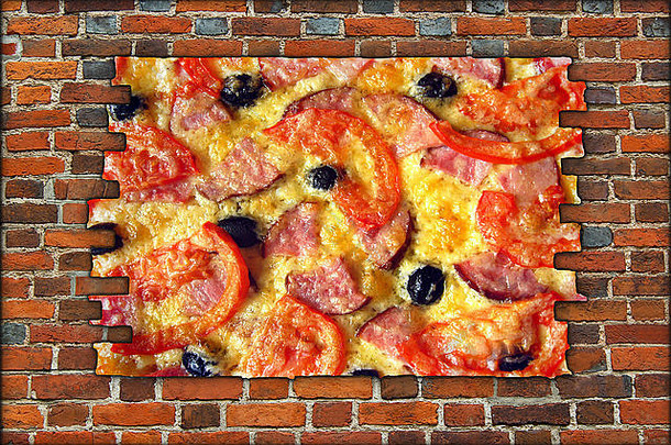 披萨店的标志牌，形状为破碎的砖墙，可以看到美味明亮的披萨