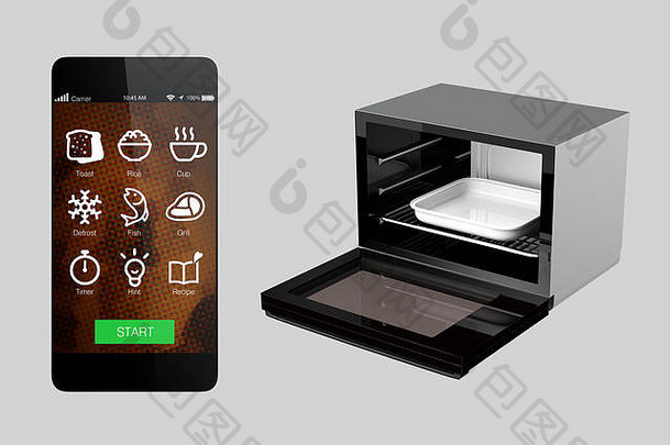 电烤箱聪明的电话孤立的灰色的背景聪明的电话应用程序用户控制烤箱呈现图像