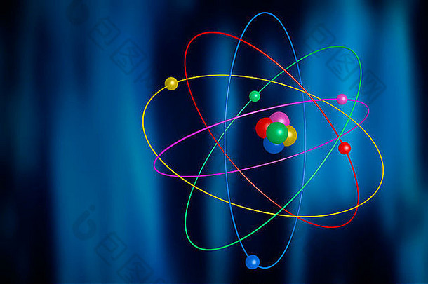 电脑插图数字设计原子核电子旋转椭圆蓝色的背景