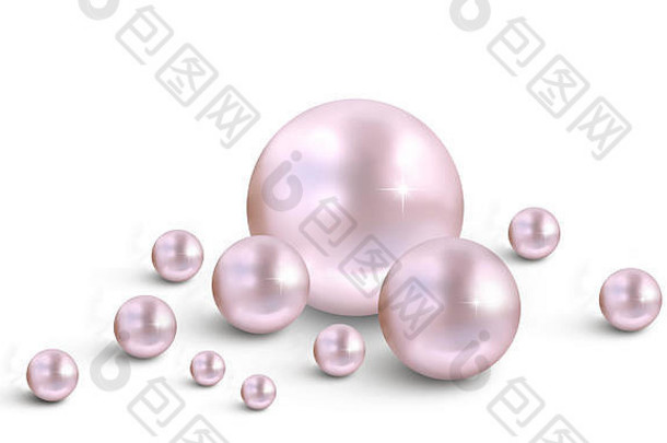 珍珠珍珠层背景，白色背景上有许多大大小小的粉红色珍珠-3D插图