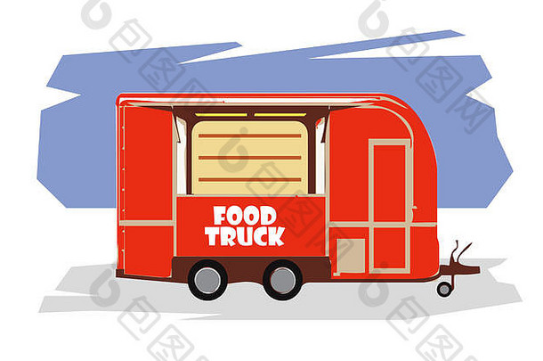 插图红色的食物卡车孤立的白色背景