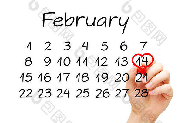 在日历日期2月14日，在透明玻璃板上用记号笔手绘一颗红心。情人节的概念。