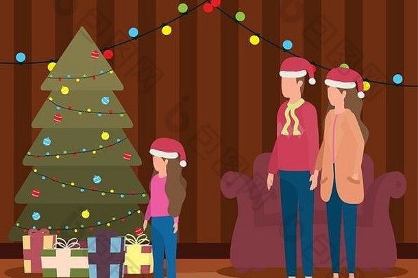父母女儿庆祝圣诞节厅的树