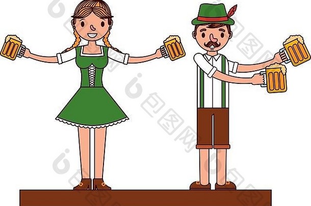 穿着典型服装和啤酒的德国夫妇