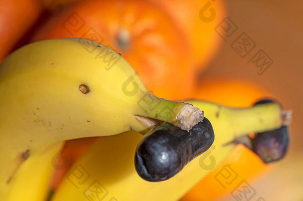 有趣的食物健康的零食水果香蕉海豚黑暗葡萄口橘子背景