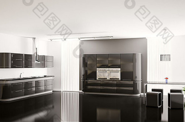 室内现代黑色的厨房渲染