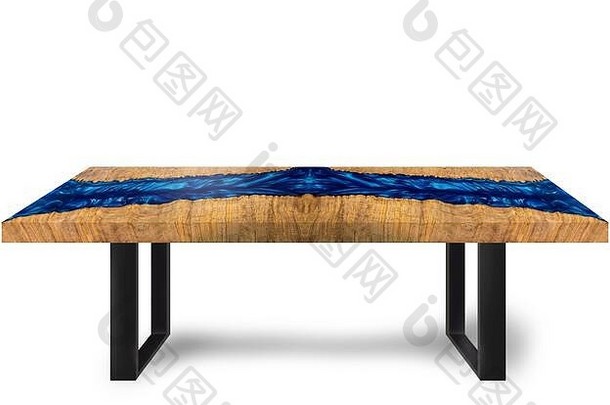 桌子采用铸造环氧树脂蓝树脂枫木制成的现代风格，地板白色背景上采用钢制支腿