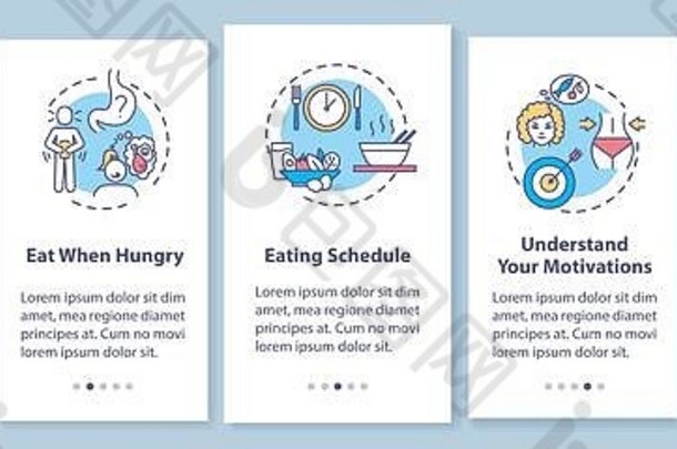 健康饮食习惯带概念的车载移动应用程序页面屏幕。计划和倾听身体信号演练5个步骤图形说明