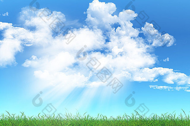 渲染草景观多云的蓝色的天空