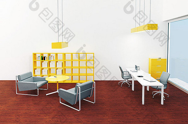 简单的现代室内办公室休息室的地方<strong>樱桃木</strong>地板上黄色的颜色口音渲染插图