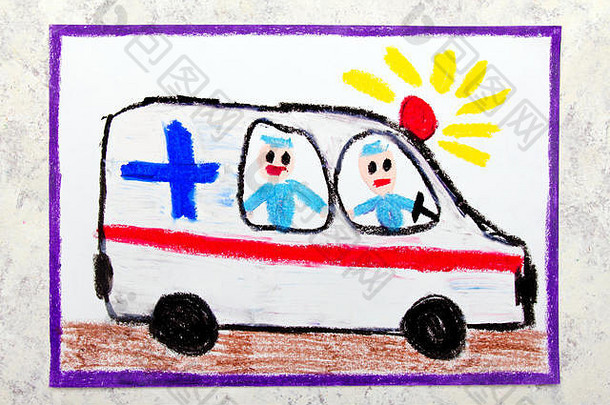 彩色手绘：救护车和护理人员