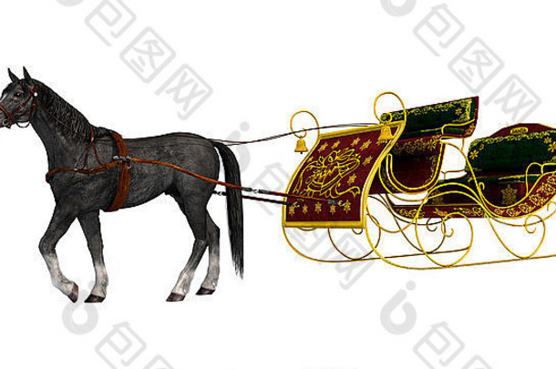 一匹黑马和一辆红色复古圣诞雪橇在白色背景上的3D数字渲染
