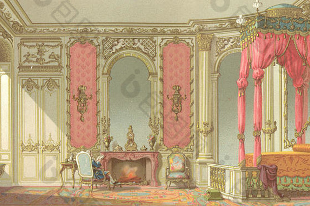 世纪法国卧室彩色平版印刷古董打印