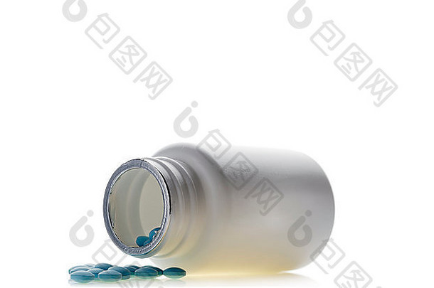 蓝色的药片药丸瓶孤立的背景