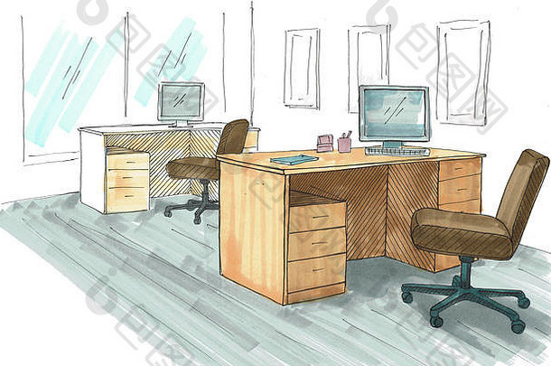 开放空间办公室工作场所在户外表椅子窗户明亮的草图画标记