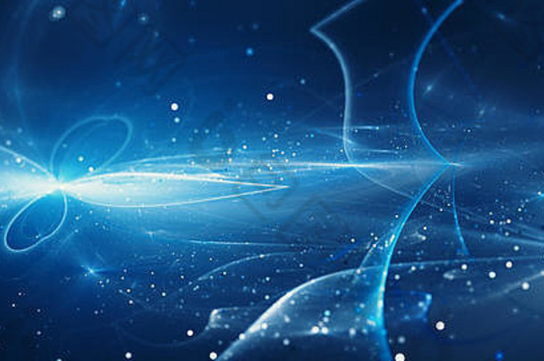 蓝色发光的新未来创新技术，具有轨迹和粒子、计算机生成的抽象背景、3D渲染
