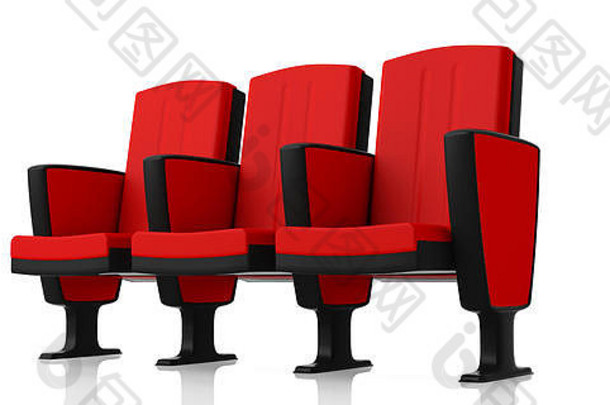 白色背景上隔离的<strong>红</strong>色剧场座椅，透视图。三维插图