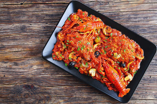 鸡肉马伦戈-美味的鸡肉炖小龙虾，切碎的西红柿，洋葱，蘑菇和橄榄在旧木桌上的黑色盘子上，奥森