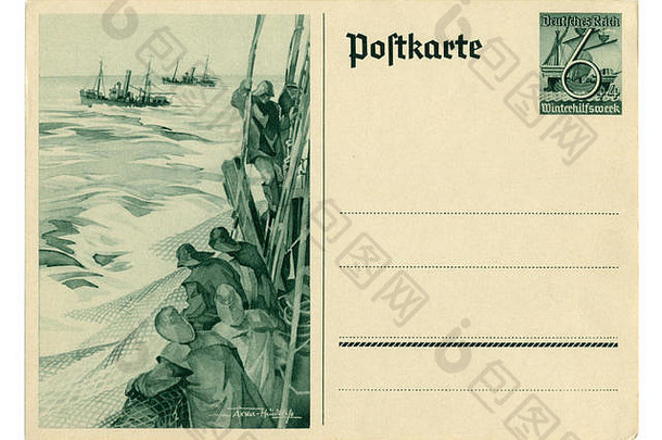 德国历史邮政卡冬天救援系列船只渔民拖网渔船扔网海问题德国帝国